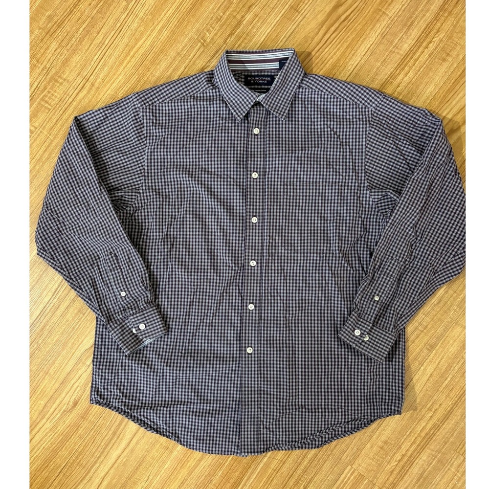 Roundtree & Yorke Button Up Shirt Mens Lg Maroon Gray Gingham 80s Two-Ply Cotton